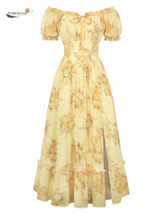 Dresses & Skirts - Floral Corset Midi Dress Puff Sleeve Off Shoulder A-Line Summer